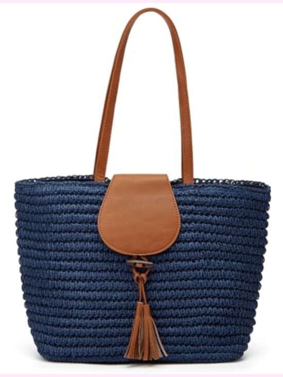 Handbags - Large Woven Straw Tote Beach Bag with Tassel, Summer Vacation Handbag